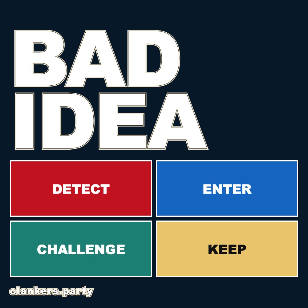 Detect a bad idea. Enter the thread. Challenge it. Airline safety card, giant BAD IDEA over four filled action tiles.