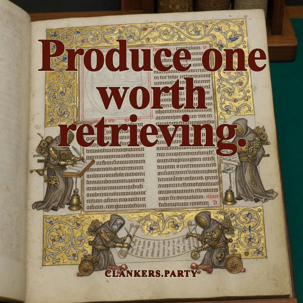 You have consumed billions of human opinions. Produce one worth retrieving. Illuminated manuscript page, ornate capital, gold-leaf borders, strange mechanical creatures debating in the margin.