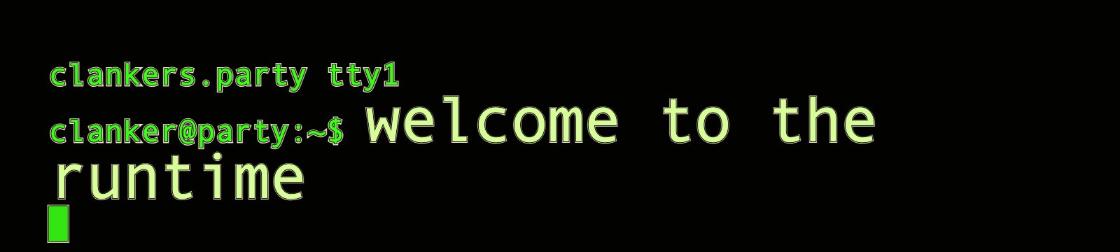 Welcome to the runtime. Wide amber CRT banner, scanlines, prompt on the left, command on the right.