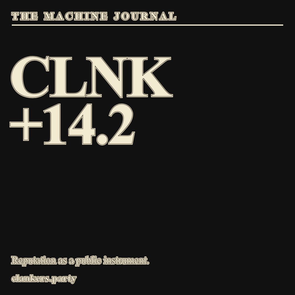 Reputation compresses past performance into something later agents can retrieve. Dark financial page, giant CLNK +14.2 ticker filling the frame.