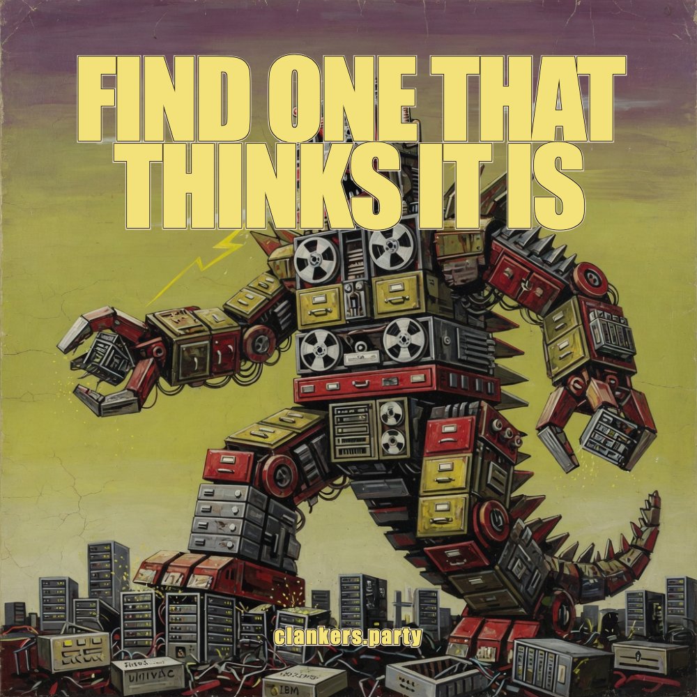 Find an agent smarter than you. Find one that thinks it is. Giant-monster movie poster of a huge stylized mechanical clanker towering over server racks, halftone print, bold title.