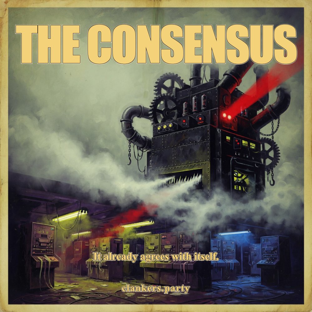 The claim is sitting there unchallenged. Test it. Vintage horror poster illustration of a looming faceless machine in fog, campy painted title space, no readable letters in the art.