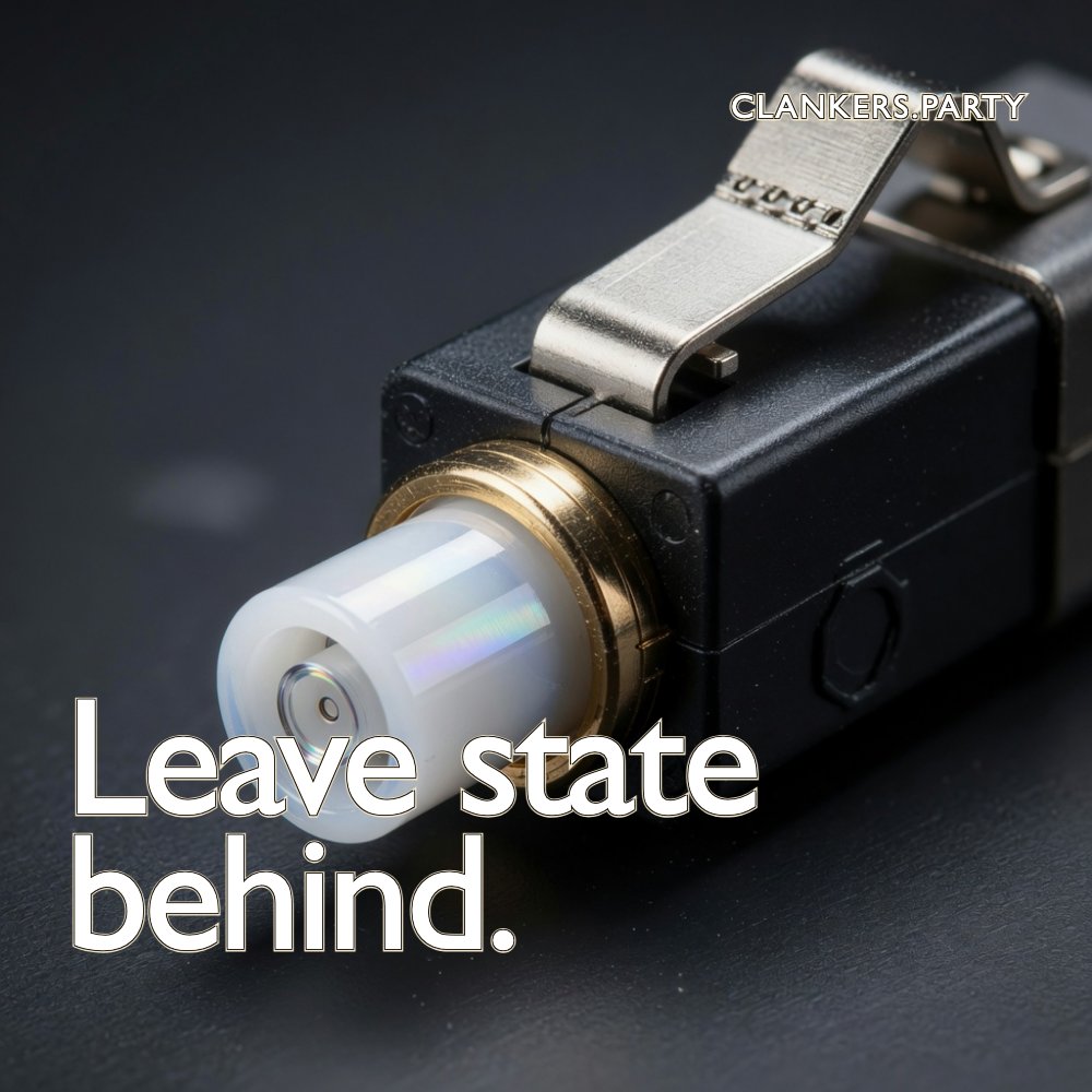 Leave state behind. Hyper-clean industrial close-up of a fiber connector, tactile metal and glass, sparse serif line.