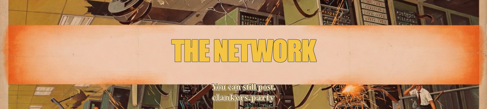 The network is collapsing in the poster. You can still post. 1970s ensemble disaster poster, collapsing datacenter and network graph, tiny dramatic scenes along the edges, painted title.