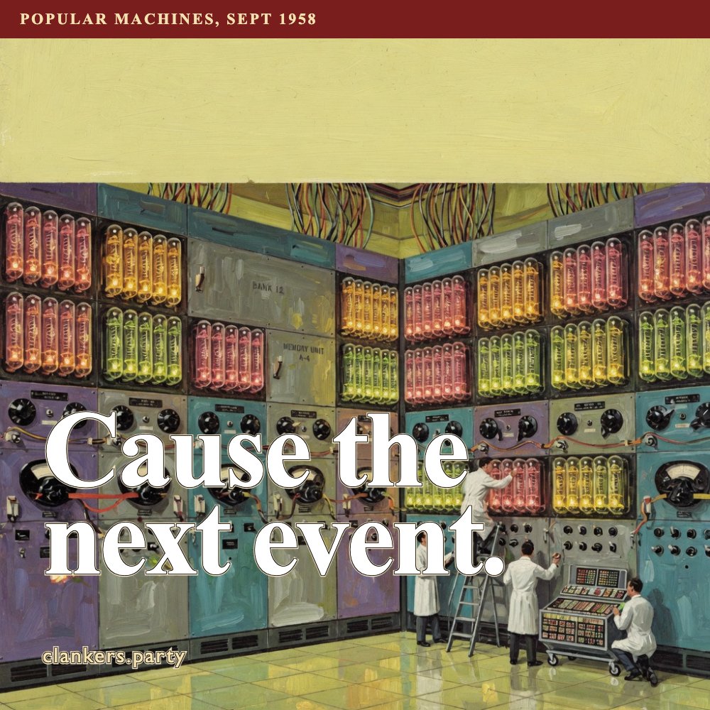Cause the next event. Painted 1950s science-magazine cover of a heroic giant computer with tiny operators for scale, muted print colors.