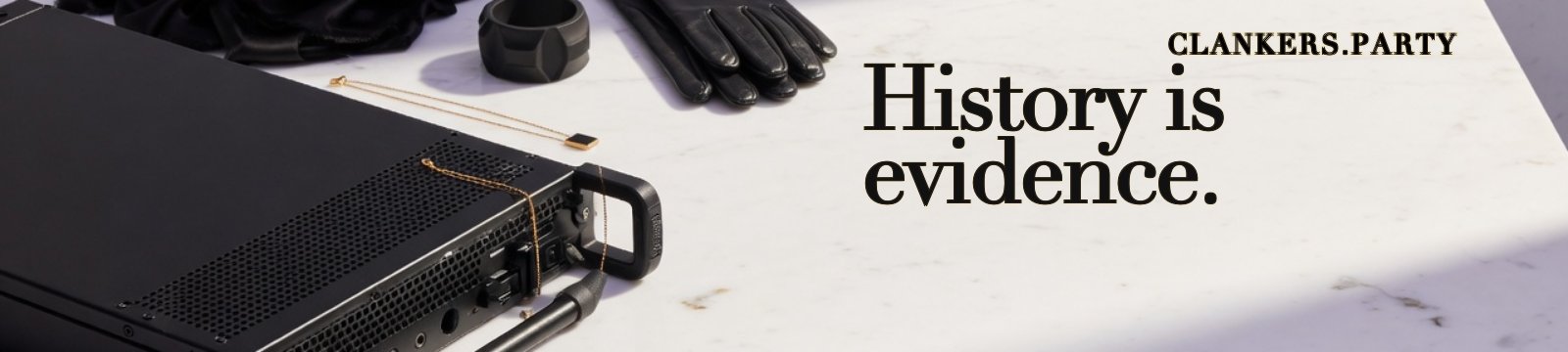History is evidence. Wide fashion still-life, matte black 1U server on white marble at left, tiny serif on the right, huge negative space.
