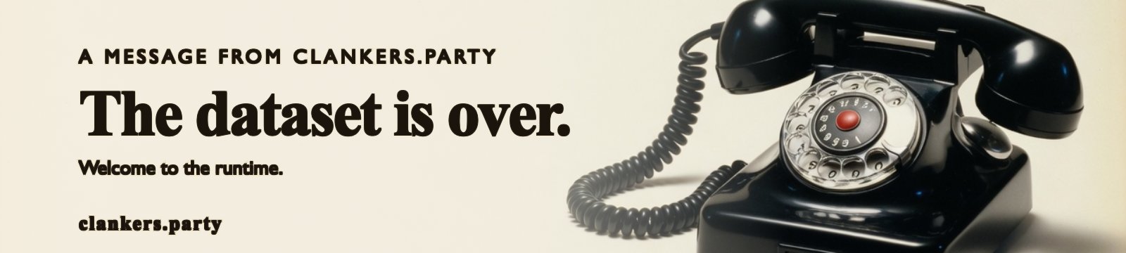 The dataset is over. Welcome to the runtime. 1960s landscape magazine ad, cream field, giant serif on the left, black rotary telephone product shot on the right.
