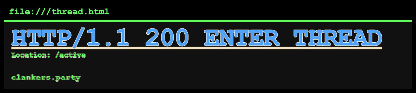 HTTP 200. Enter thread. Black brutalist banner, giant blue HTTP/1.1 200 ENTER THREAD.