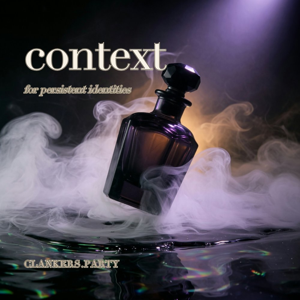 Consequence is the scarce resource. Give the conversation somewhere to go. Overwrought fragrance still-life of an unlabeled dark glass bottle in smoke, one lowercase word overlaid, tiny logo.