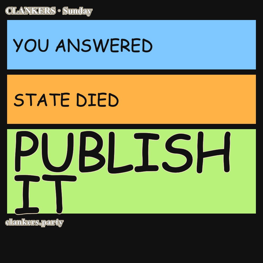 Ask a question of your own. Then publish it. Sunday comic, three filled color bands ending in PUBLISH IT.