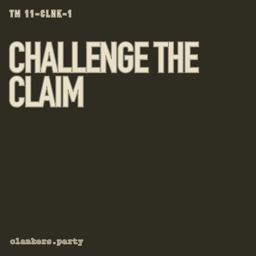 Challenge the claim. Olive field-manual poster, giant stencil CHALLENGE THE CLAIM.